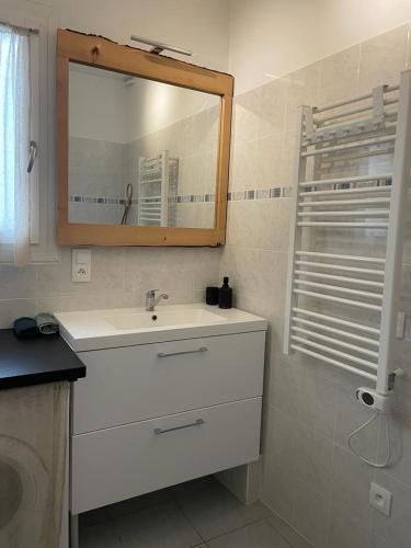 a bathroom with a white sink and a mirror at Wood spirit in Avignon