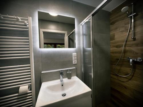 łazienka z umywalką i prysznicem w obiekcie U Králíka, přízemní bezbarierové apartmány A,B,C,D - 50 metrů od vleku - přejdete v lyžácích, pod bobovou dráhou, parkování zdarma, lyžárna s vysoušeči bot, w mieście Dolní Morava