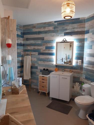 une salle de bain avec un lavabo, des toilettes et un miroir dans l'établissement appartement indépendant à 10min des plages au calme proche O'gliss et O'funparken campagne, à La Jonchère