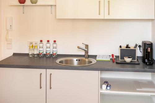 a kitchen with a sink and a counter top at Gästehaus am Schlossplatz Z. 3 in Meersburg