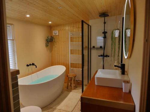 a bathroom with a large tub and a sink at The Sunbird Inn - with luxurious bathroom in Diessen