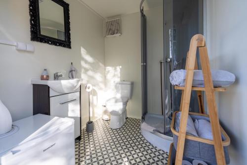 a bathroom with a shower and a toilet and a ladder at Baumhaus - Tiny Haus in der Höhe in Erkheim