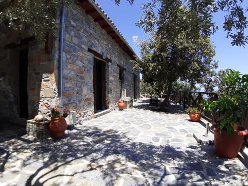 a courtyard of a stone building with potted plants at LIMNIONAS SUNVIEW in Xorychti