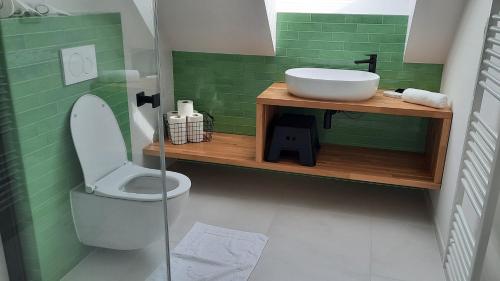 a bathroom with a sink and a toilet and green tiles at U Francúza in Strážnice