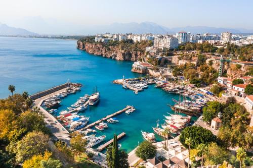 a view of a harbor with boats in the water at Puding Hotel in Antalya
