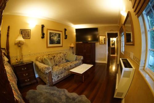 a living room with a couch and a tv at FLEUR DE LAC EUROPERAN INn in Lake Arrowhead