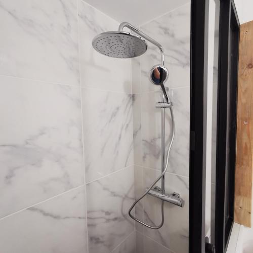 une douche avec pommeau de douche dans une salle de bain dans l'établissement Les gîtes d'Aloziwen le TY BREIZH, à Bordeaux-Saint-Clair