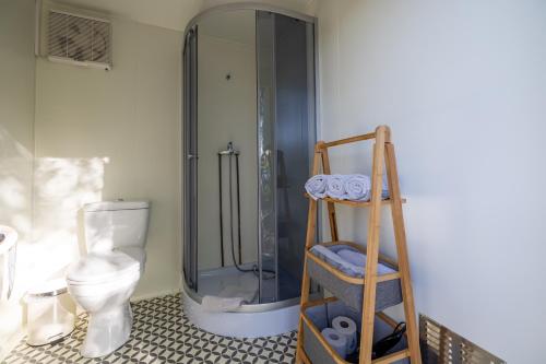 a bathroom with a shower and a toilet and a ladder at Baumhaus - Tiny Haus in der Höhe in Erkheim