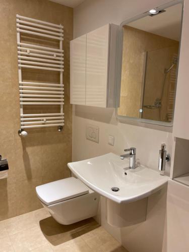 a bathroom with a sink and a toilet and a mirror at Apartament Agata in Świnoujście