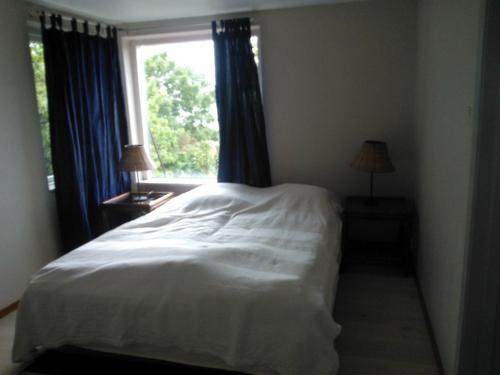 Säng eller sängar i ett rum på Boende med fri utsikt över Mölle by hamn och Öresund