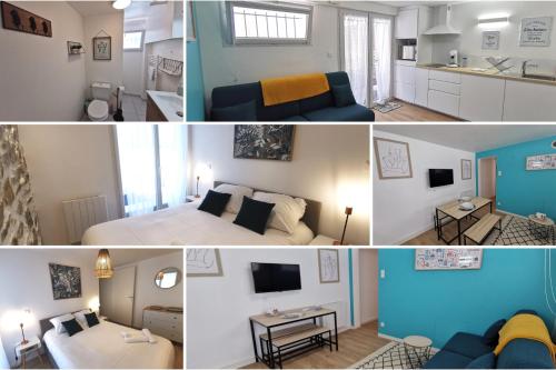 a collage of photos of a bedroom and a living room at L'Escale - Les Maisons de Madeleine in Bouguenais