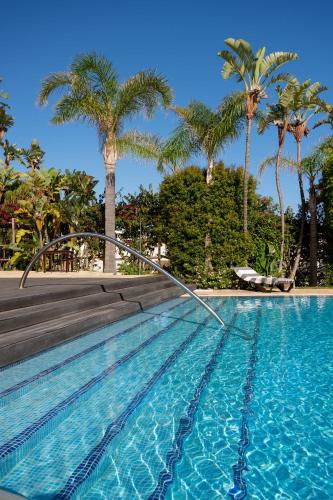 a swimming pool with palm trees in the background at Vila Luz in Luz