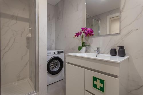 une salle de bain avec un lavabo et une machine à laver dans l'établissement Gravito 53 Apartments by Home Sweet Home Aveiro, à Aveiro