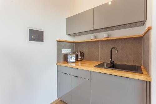 a kitchen with a sink and a microwave at Tilia apartments Březová in Březová