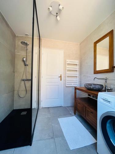 une salle de bain avec douche et lavabo dans l'établissement Bel appartement Cannes (plage, palais, shopping, tout à pied), à Cannes