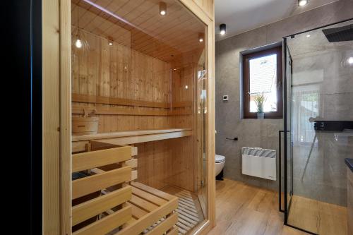 a bathroom with a shower and a toilet in it at Apartament Pieniny in Jaworki