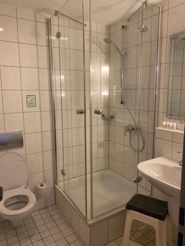 ein Bad mit einer Dusche, einem WC und einem Waschbecken in der Unterkunft Hotel-Garni Domblick in Bad Honnef am Rhein
