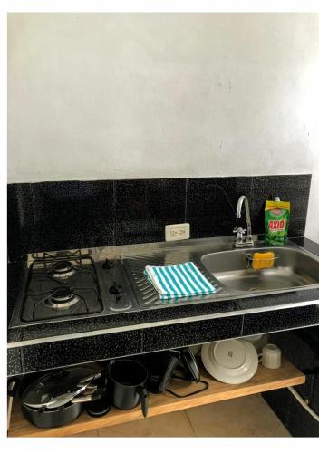 a kitchen counter with a stove and a sink at Parrot House San Antonio in Cali