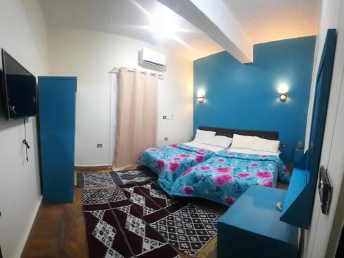 開羅的住宿－happy life hostel，一间卧室设有一张床和蓝色的墙壁