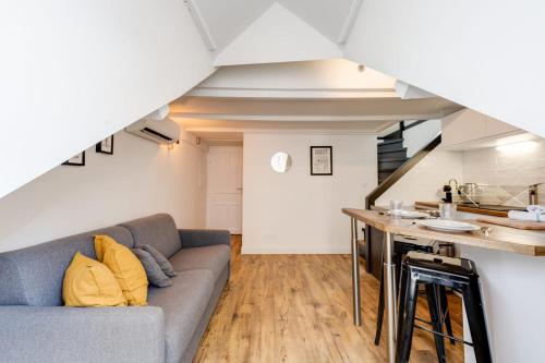 Il comprend un salon avec un canapé gris et une cuisine. dans l'établissement Le Saphir - Joli Studio en plein centre ville avec Climatisation, à Annecy