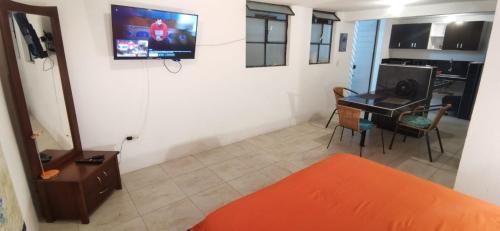 a room with a bed and a desk with a tv on the wall at Parrot House San Antonio in Cali