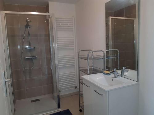 une salle de bain avec une douche, un lavabo et un miroir dans l'établissement Appart 2 ch. avec accès plage et parking privé - FR-1-674-34, à Berck-sur-Mer