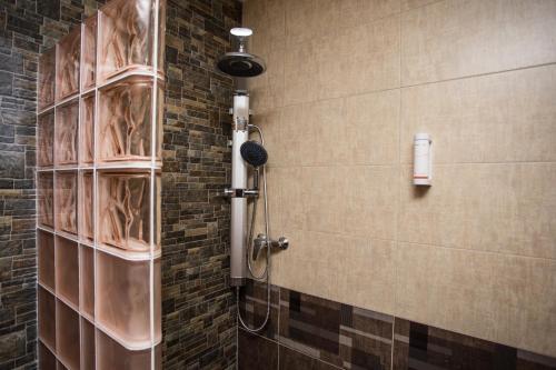 a bathroom with a shower with a glass door at Hotel Bon in Tanvald