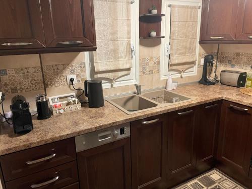 a kitchen with wooden cabinets and a sink at The Odyssey Holiday Home - Agios Ioannis, Pelion in Agios Ioannis Pelio