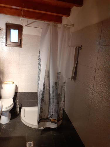 a bathroom with a toilet and a shower curtain at LIMNIONAS SUNVIEW in Xorychti
