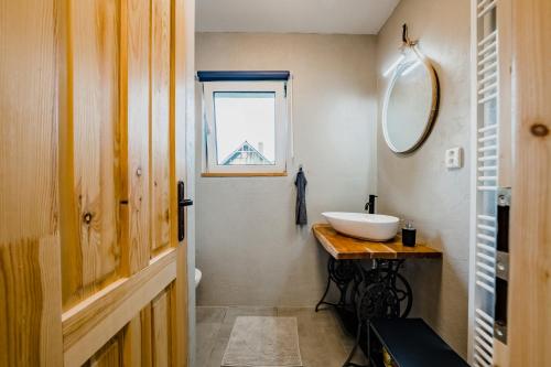 a bathroom with a sink and a mirror at Na Želivce chalupa Gabriela in Želiv