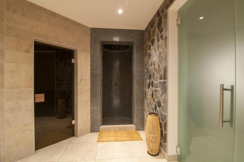 a bathroom with a walk in shower next to a glass door at Penzion Königův mlýn in Loučná pod Klínovcem