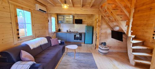 a living room with a couch in a log cabin at Domek z Sauną i balią jakuzii w głuszy in Borzynowo