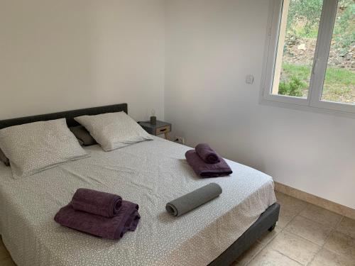 une chambre avec un lit avec deux serviettes dessus dans l'établissement Villa greoux, à Gréoux-les-Bains