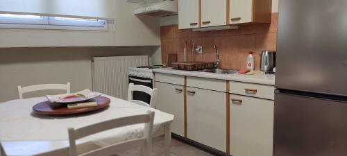 ナフプリオにあるRodi Houseのテーブルと冷蔵庫のある小さなキッチン