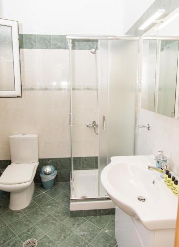 a bathroom with a shower and a toilet and a sink at marietta city center apartments Nafplio in Nafplio