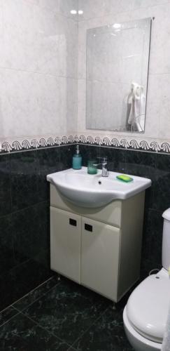 a bathroom with a sink and a toilet and a mirror at Apartment in Poti in Poti