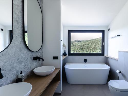 a bathroom with a tub and a sink and a mirror at Sauerland Lodge - Haus Luise in Winterberg