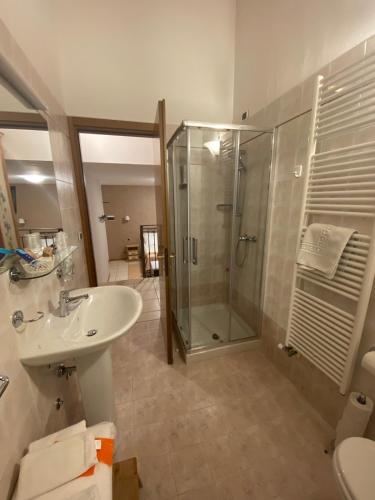 a bathroom with a glass shower and a sink at Agriturismo Costadoro in Bardolino