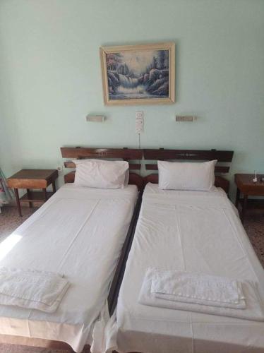 two twin beds in a room with a picture on the wall at Ammoudia Rooms in Agia Marina Aegina
