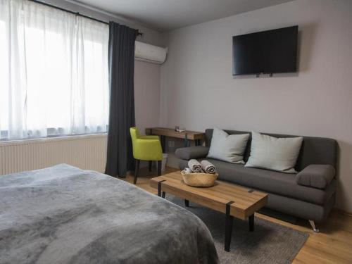 a living room with a couch and a tv at Holiday Home Thesaurum in Karanac