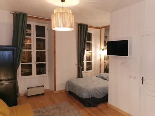 a bedroom with a bed and a television on a wall at Centre Confolens studios rénovés in Confolens