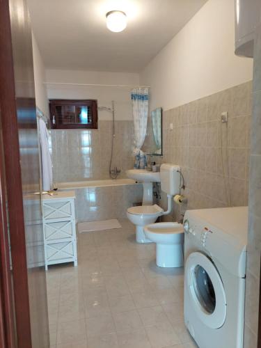 bagno con lavandino e servizi igienici e lavatrice. di Vacation Home Nusha a Okrug Donji