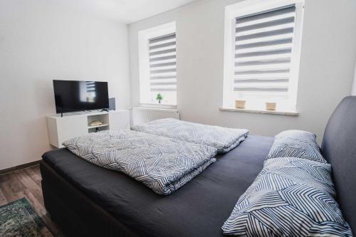 una camera con letto, TV e finestre di Ferienwohnung Maria - Gera Zentrum NEU renoviert a Gera