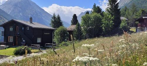 a house on a hill with mountains in the background at Chalet TALBLICK - Luxurious Penthouse on the 1st floor! in Saas-Fee