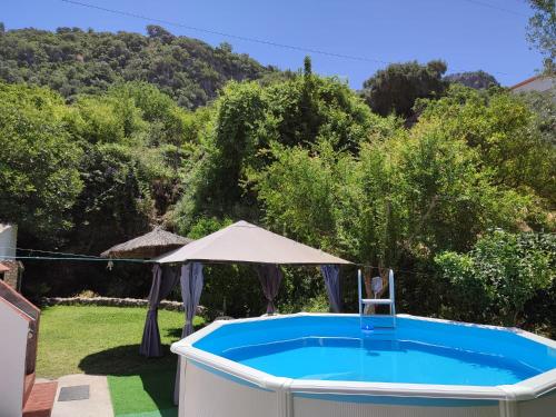 埃爾博斯克的住宿－Casa La Cascada，庭院内的游泳池,配有椅子和遮阳伞