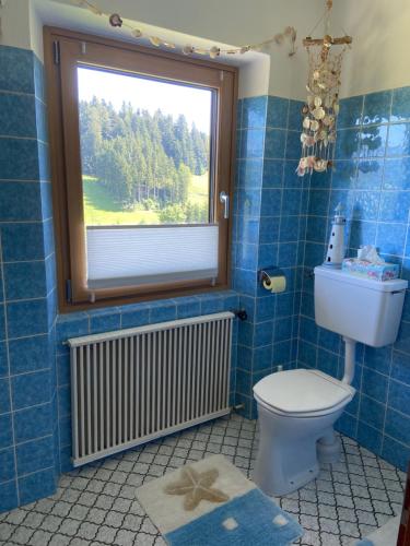a blue tiled bathroom with a toilet and a window at Haus Sperleiten in Abtenau