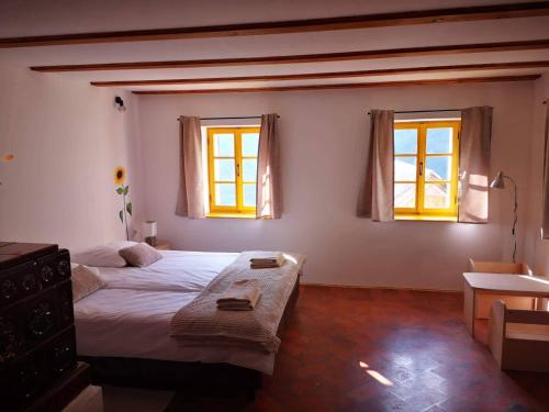 een slaapkamer met 2 bedden en 2 ramen bij Apartment Abinkar in Tolmin