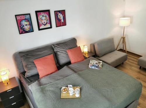 a living room with a gray couch and a chair at Neues City Center Piano Appartement mit Netflix in Klagenfurt