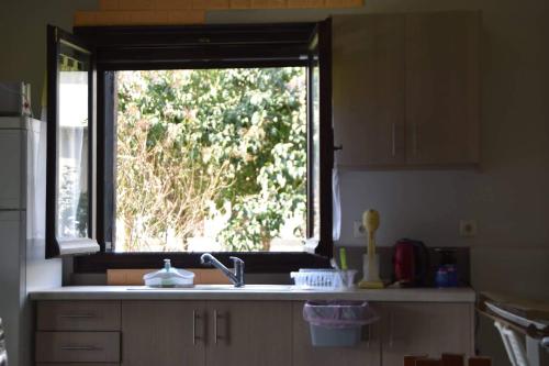 una cocina con fregadero y una ventana sobre un mostrador en Sunset view apartment, en Áfissos