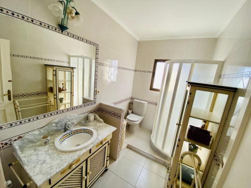 a bathroom with a sink and a mirror and a toilet at Beautiful house on the beachfront in Costa tropical in Calahonda